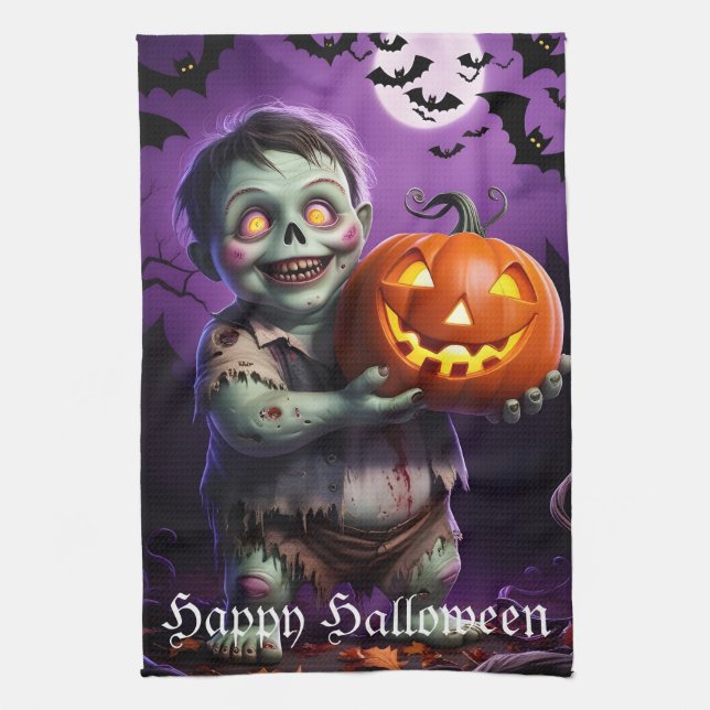 Little Grönt Monster & Pumpkin Friend Kökshandduk (Vertikal)