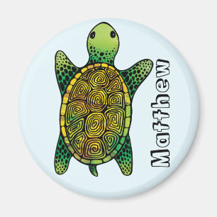Little Grönt Watercolor Bläck Drawn Turtle Magnet