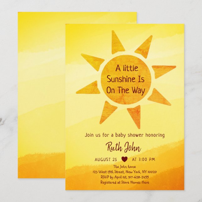 Little Guld Sunshine Modern Boho Baby Shower Invi Inbjudningar (Fram/baksida)