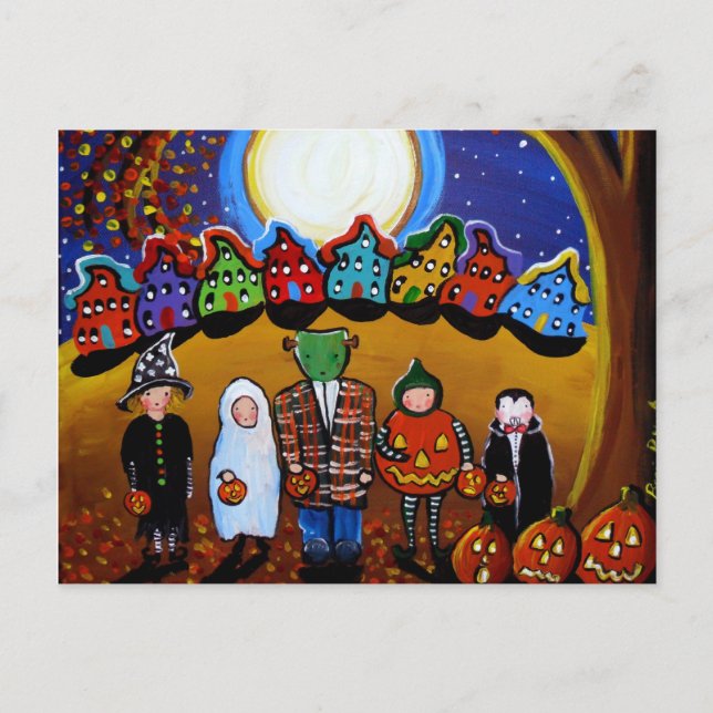 Little Halloween Kids Folk Art-vykort Vykort (Framsida)