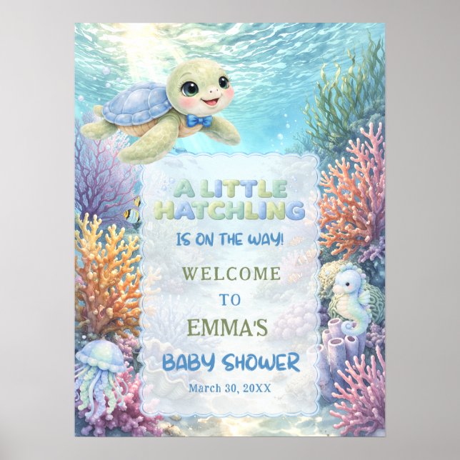 Little Hatchling Sea Turtle Baby Shower Welcome Poster (Framsidan)