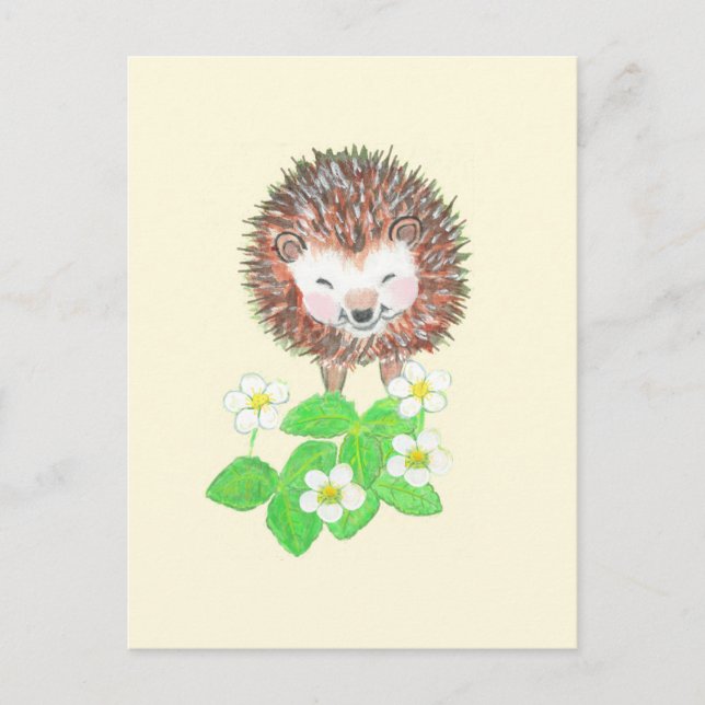 Little Hedgehog & Vild Strawberry Flowers Vykort (Framsida)