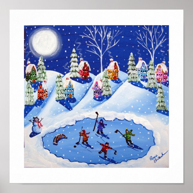 Little Hockey Players Ice Skate Winter Folk Art Poster (Framsidan)