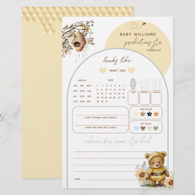 Little honey Bear Baby Shower-förutsägelser spel (Fram/baksida)