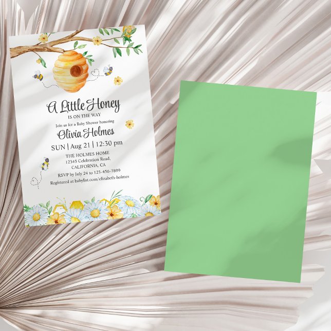 "Little honey Bee" Baby Shower-inbjudan Inbjudningar ("Little Honey Bee" Baby Shower Invitation on a sunny white dry palm leaf.)