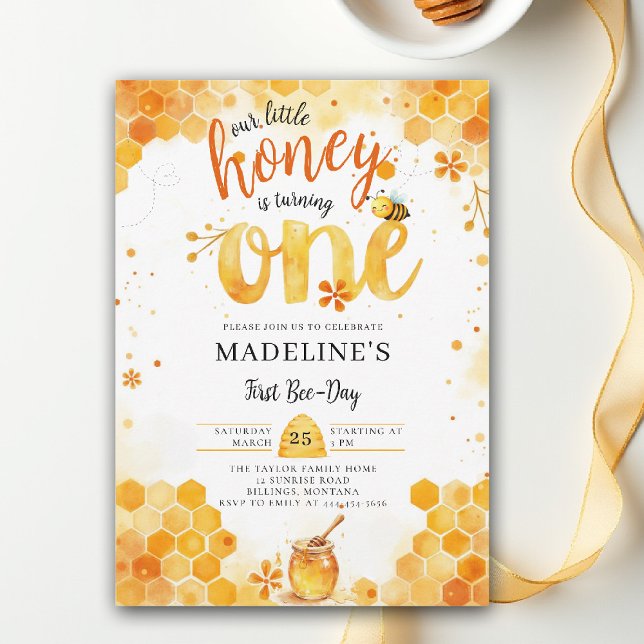 Little Honey Bee Day Cute Watercolor 1st Birthday Inbjudningar (little honey bee one first birthday party invitation bumblebee floral watercolor summer cute)