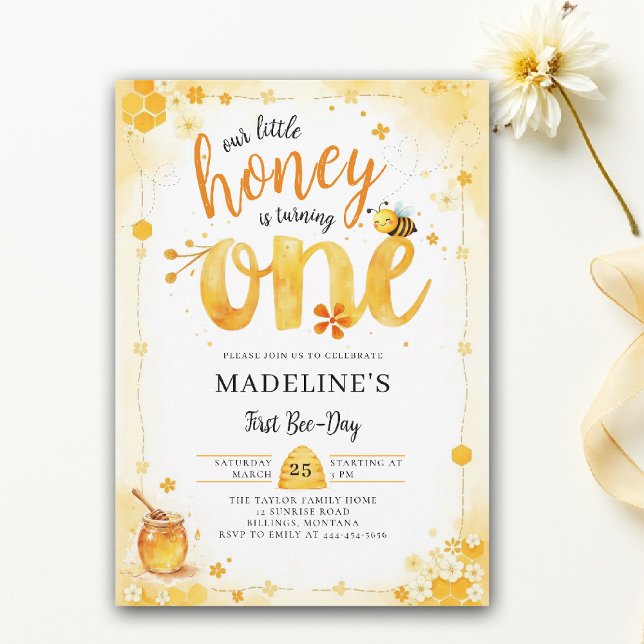Little Honey Bee Day Watercolor Cute 1st Birthday Inbjudningar (little honey bee one first birthday party invitation bumblebee floral watercolor summer elegant)