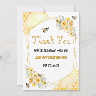 Little honey Blommigt Watercolor Bee 1st Birthday Tack Kort