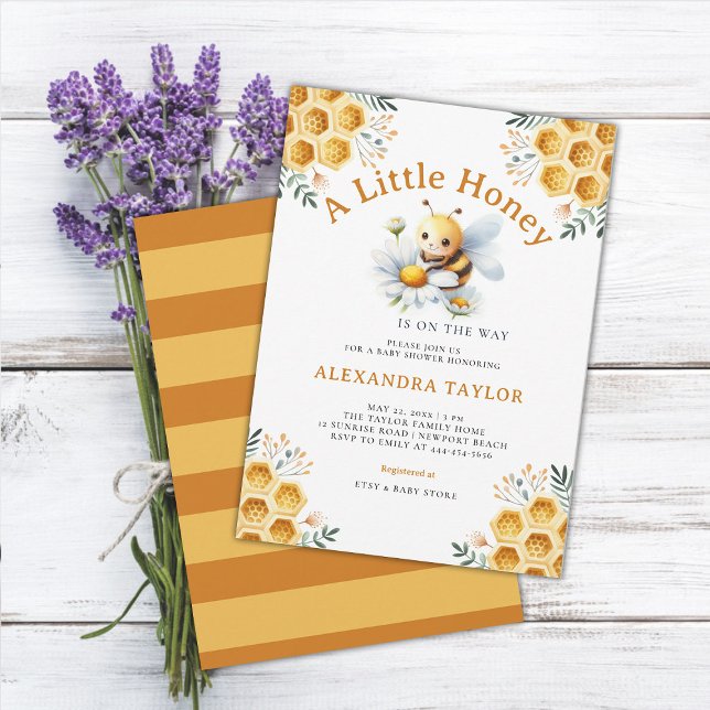 Little honey Cute Bee Whimsical Flicka Shower Inbjudningar (little honey bee baby girl shower invitation watercolor illustration cute adorable whimsical floral)