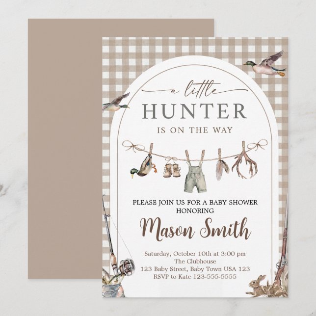 Little Hunter Baby Shower Invitation Boy Inbjudningar (Fram/baksida)