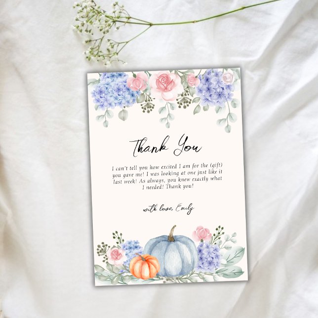 Little Hydrangea Blommigt Pumpkin Fall Baby Shower Tack Kort (Little Hydrangea Floral Pumpkin Fall Baby Shower Thank You Card)