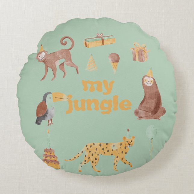Little Jungle Animals Birthday Rund Kudde (Framsidan)