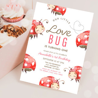 Little Kärlek Kryp Ladybug 1:a födelsedagsinbjudan Inbjudningar