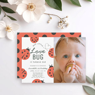 Little Kärlek Kryp Ladybug Girl 1:a födelsedagsfot Inbjudningar