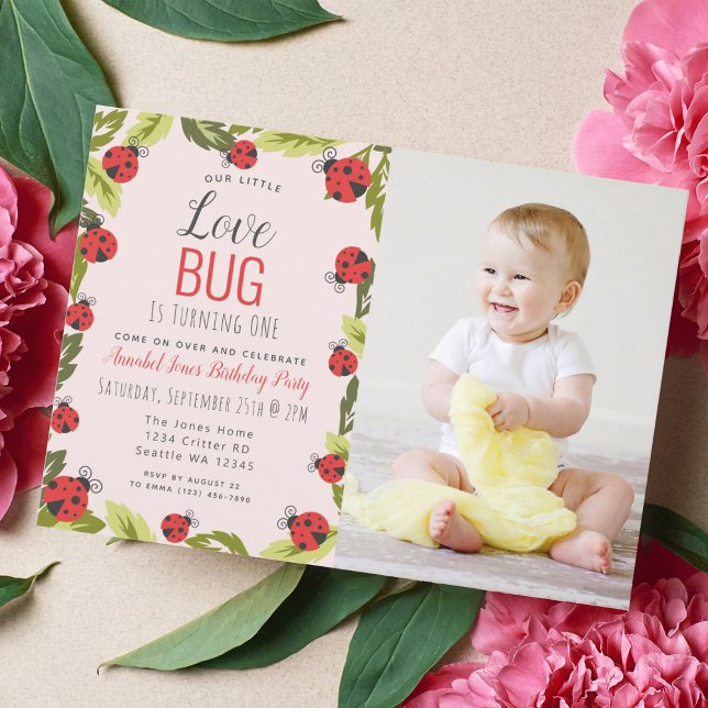 Little Kärlek Kryp Ladybug Kids 1st Birthday Photo Inbjudningar (Skapare uppladdad)