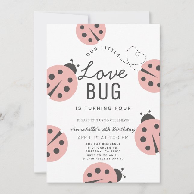 Little Kärlek Kryp Ljus rosa Ladybug Birthday Inbjudningar (Framsida)