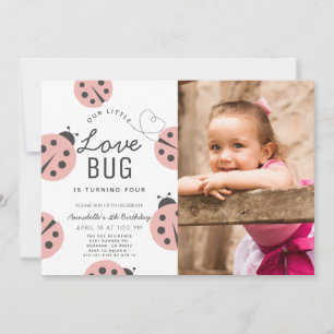 Little Kärlek Kryp Ljus rosa Ladybug Birthday Phot Inbjudningar