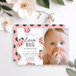 Little Kärlek Kryp Rosa Ladybug 1:a födelsedagsfot Inbjudningar