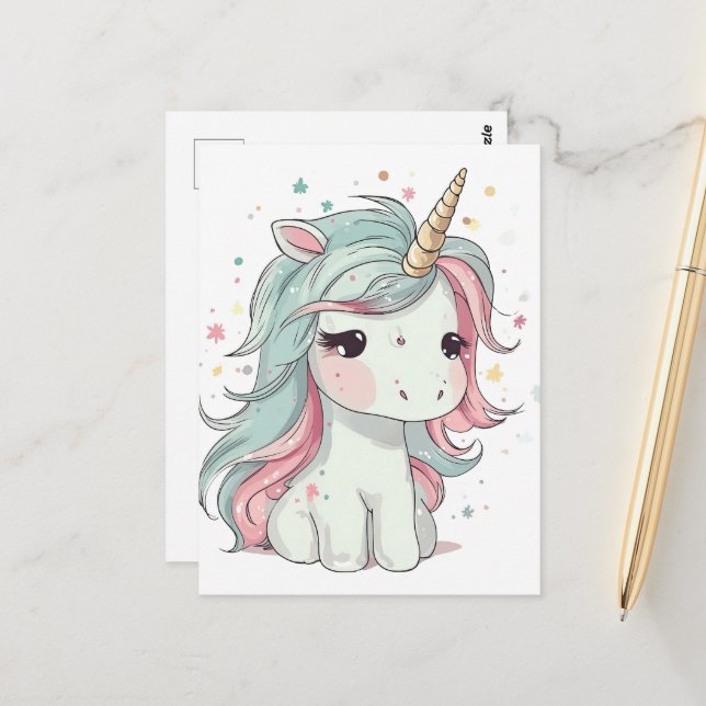 Little Kawaii Unicorn Vykort (Fram/Back In Situ)