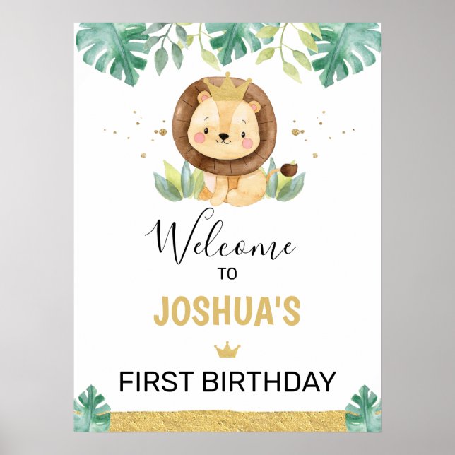 Little King Lion Crown 1st Birthday Welcome Sign Poster (Framsidan)