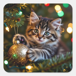 Little Kitten on Christmas Tree   Fyrkantigt Klistermärke