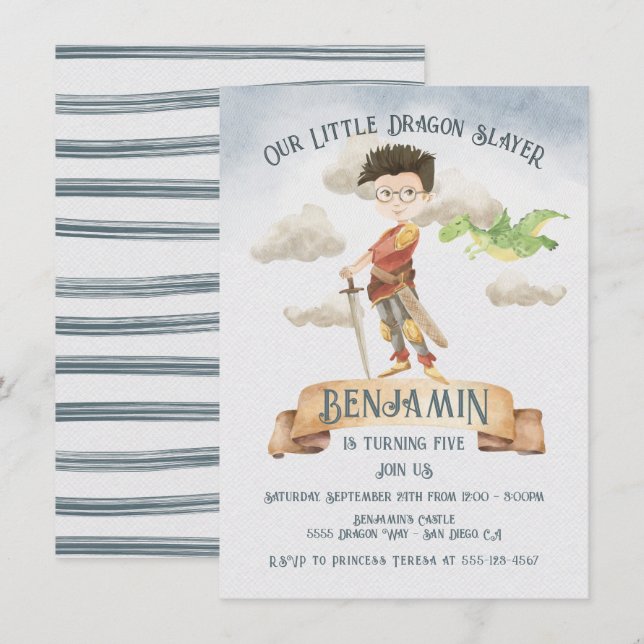 Little Knight Dragon Sayer Fairytale Birthday Inv Inbjudningar (Fram/baksida)