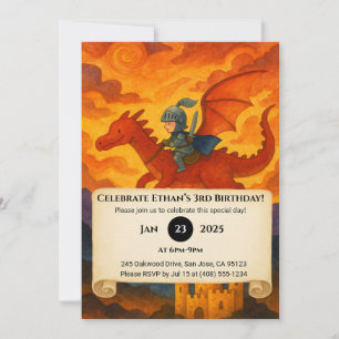 Little Knight Riding a Red Dragon Birthday Inbjudningar