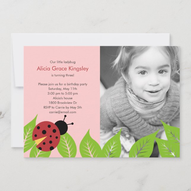Little Ladybug Birthday Photo Inbjudan - Rosa (Framsida)