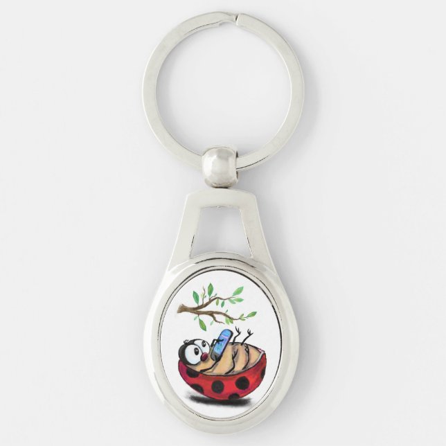 Little Ladybug med Mobil Keychain Gift Ovalt Silverfärgad Nyckelring (Framsidan)