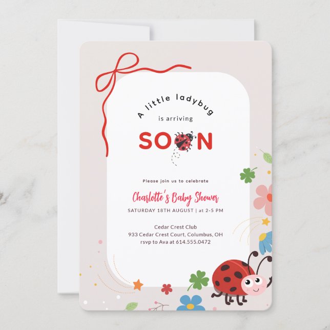 Little Ladybug Red Bow Floral Baby Shower Inbjudningar (Framsida)