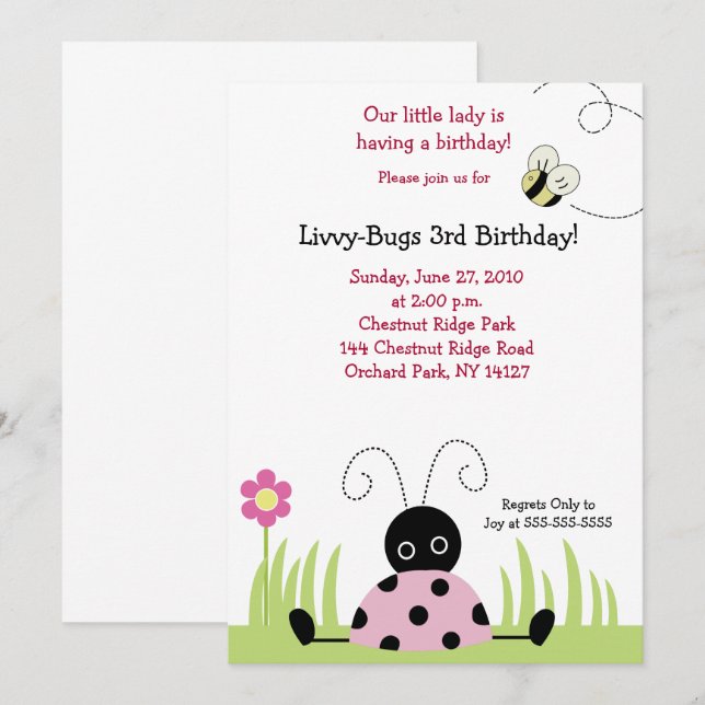 Little Ladybug (Rosa) 5x7 Birthday-inbjudan Inbjudningar (Fram/baksida)