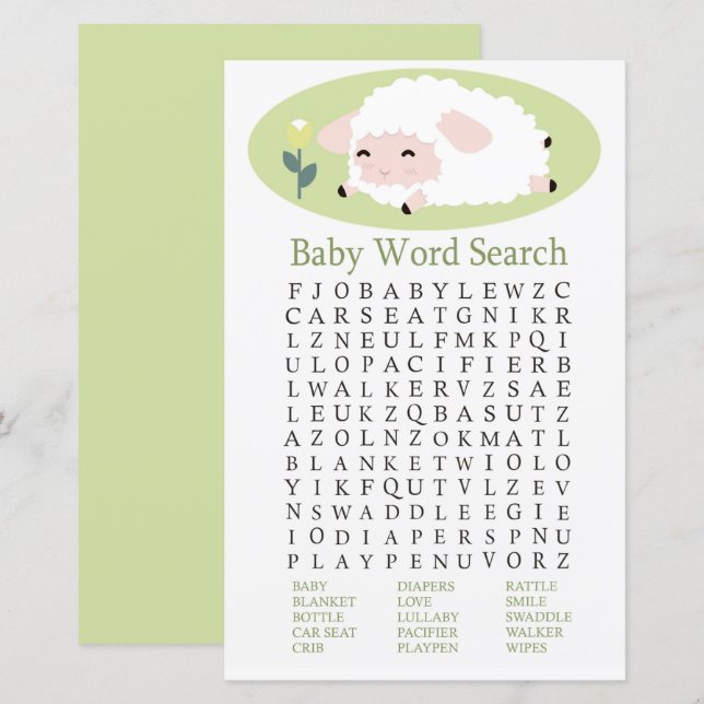 Little lamb Baby Shower Ord Search Game (Fram/baksida)