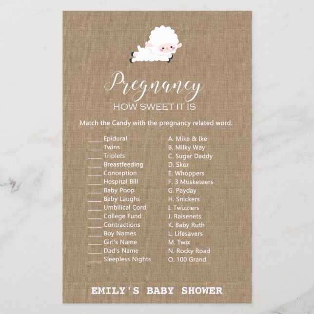 Little Lamb Baby Shower-spel UTRYCKT (Framsida)