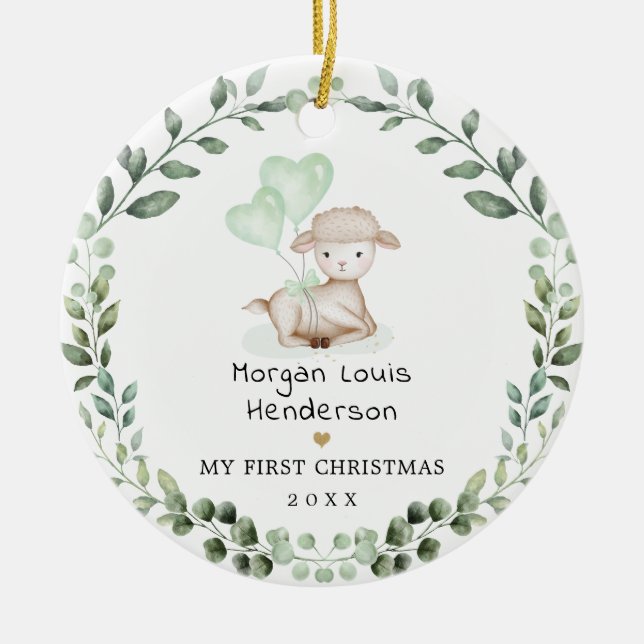 Little Lamb Greenery Wandey Baby Första jul Julgransprydnad Keramik (Framsidan)