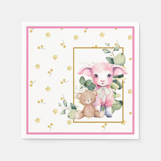 Little Lamb | Rosa Baby Shower Napkin Pappersservett (Framsidan)