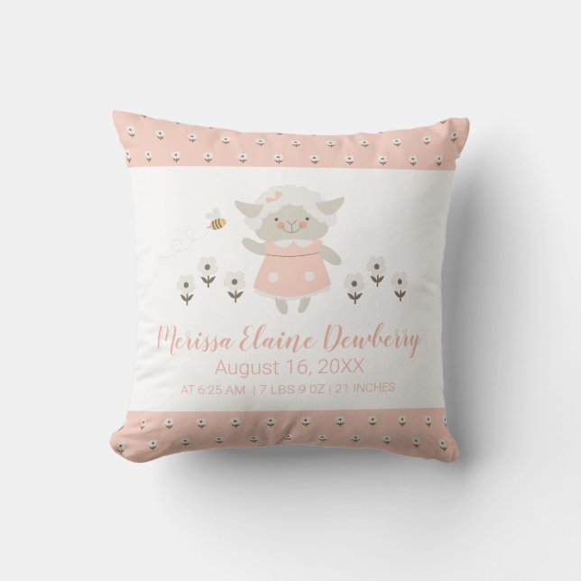 Little Lamb Rosa Cute Girl Birth Stats Nursery Kudde (Framsida)