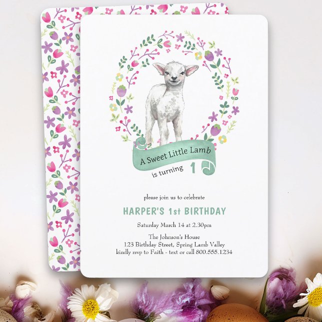 Little Lamb Vår Girl 1st Birthday Inbjudningar (A Sweet Little Lamb birthday invitation - perfect for spring or easter)