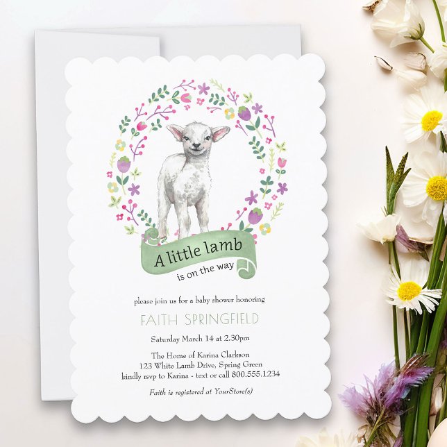 Little Lamb Vår Grönt Girl Baby Shower Invati Inbjudningar (Invitation from my Little Bunny & Little Lamb Baby Shower collection - perfect for Spring or Easter)