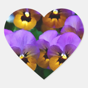 Little Lila Pansies Trimmed in Gult Guld Hjärtformat Klistermärke