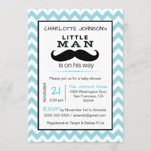 Little Lil'Man Mustache Boy Blue Shower Inbjudningar