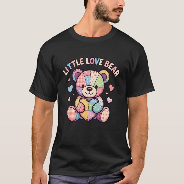 Little Love Bear Cute Patchwork Teddy Stitched Hea T Shirt (Framsida)