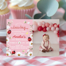 Little Love Bug Daisy Floral Birthday Photo Invite