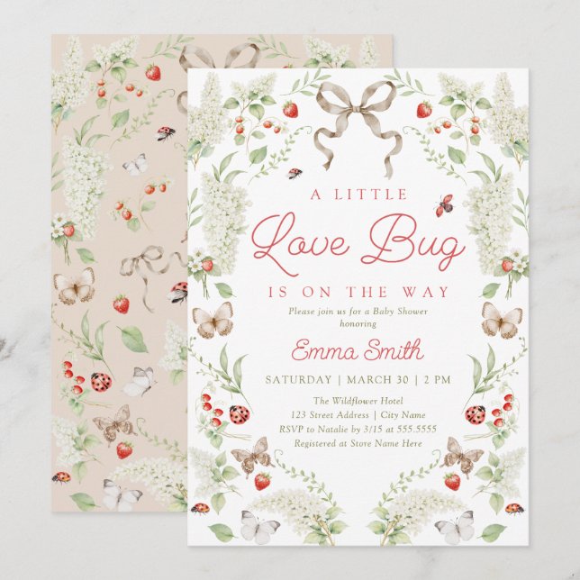 Little Love Bug Floral Bow Baby Shower Invitation Inbjudningar (Fram/baksida)