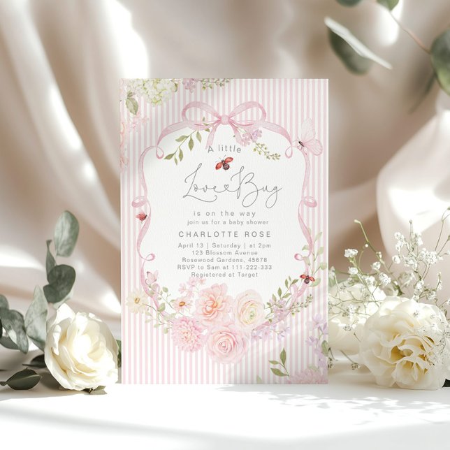 Little Love Bug Pink Bow Stripes Baby Shower Inbjudningar (Skapare uppladdad)