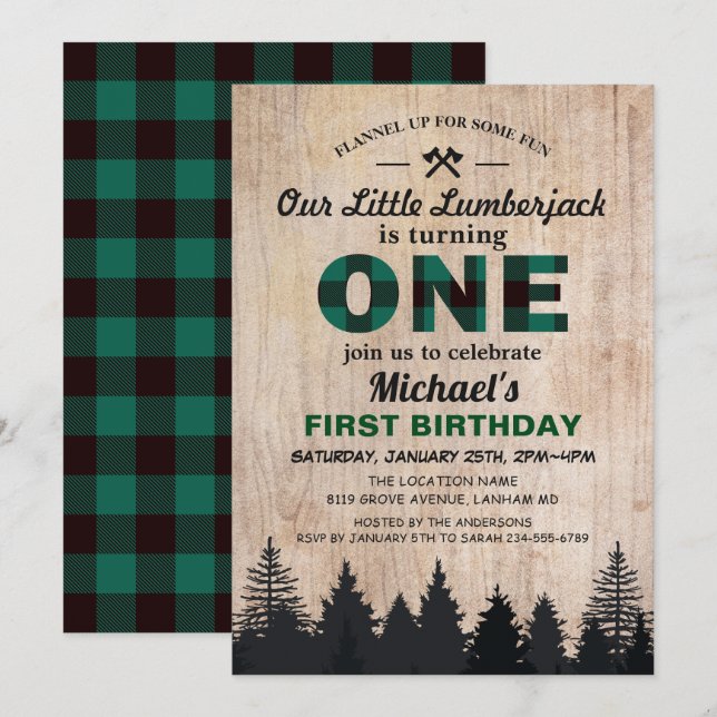 Little Lumberjack 1st Birthday Party Grönt Play Inbjudningar (Fram/baksida)