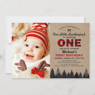 Little Lumberjack First Födelsedagsfest Baby Photo Inbjudningar