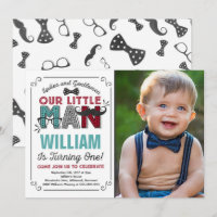 Little Man 1st Birthday-inbjudan Mustache Party