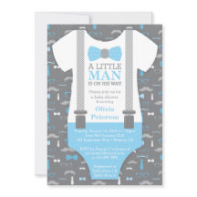 Little Man Baby Shower-inbjudan, Baby blue, Grått