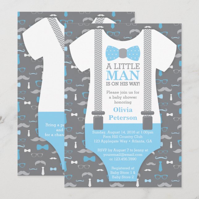 Little Man Baby Shower-inbjudan, Baby blue, Grått Inbjudningar (Fram/baksida)