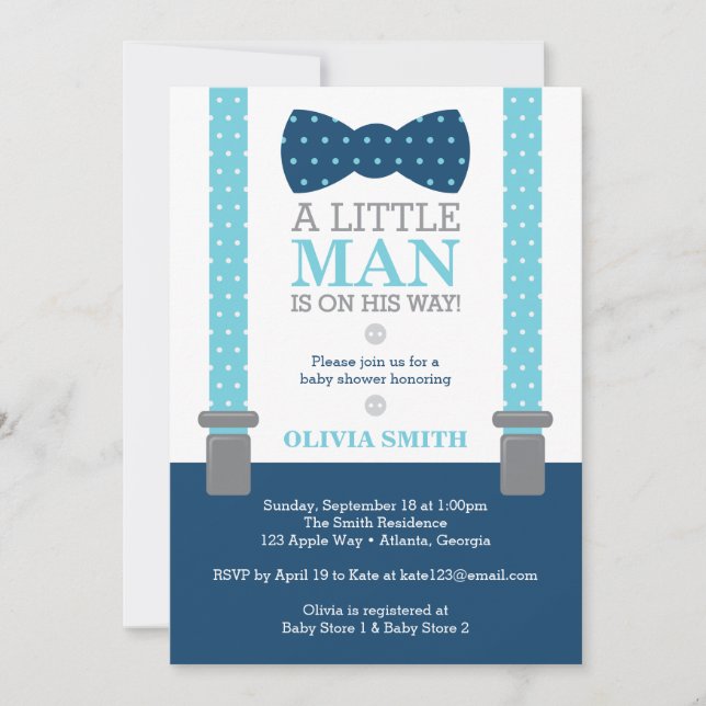 Little Man Baby Shower-inbjudan, Baby blue, marin Inbjudningar (Framsida)
